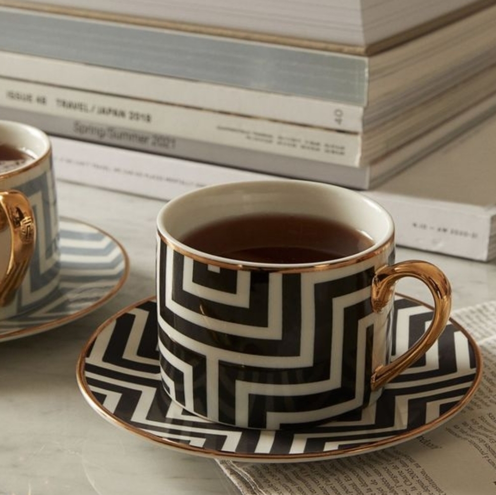 H&M Black and White Geometric Porcelain Mug & Saucer - Set of 2
